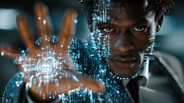 Business Integration: Businessman holding virtual interface panel of digital device on global networking, automation, optimization, data sharing, and integration technology in futuristic.