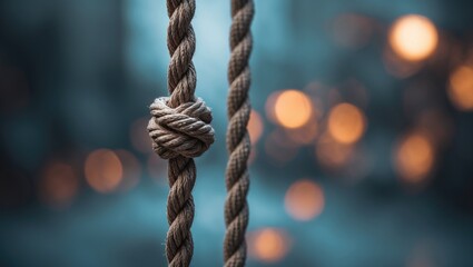 Close-up of ropes with knots in a blurred background. Texture and detail of the ropes. The concept of strength, connection, or knots.