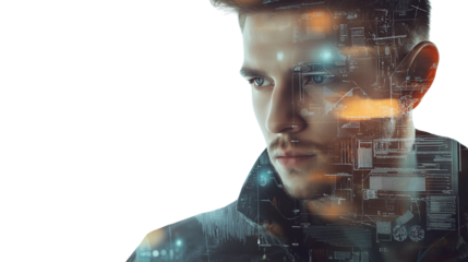 Man in pilot blazer using a transparent virtual interface, serious expression png 