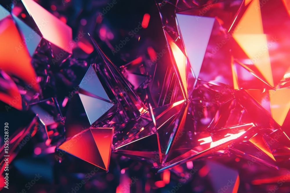 Poster Futuristic glowing polygonal particles create an abstract visual experience with vibrant colors and shapes, Neon glowing futuristic polygonal particles abstract hi-tech motion background