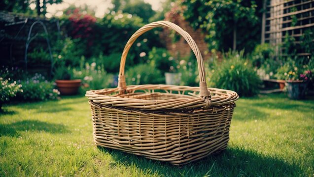 A wicker basket placed on green grass in a garden with plants and flowers.