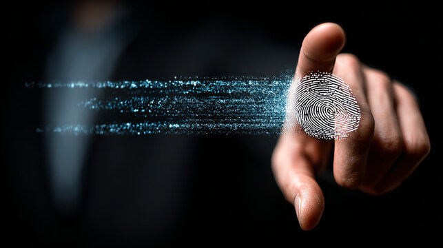 Biometric Security: Businessman holding virtual interface panel of digital device on global networking, authentication, encryption, identity verification, and security technology in futuristic. - Powered by Adobe