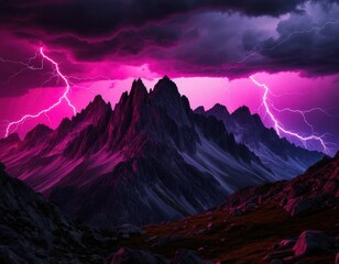 Geometric neon lightning bolts cut through storm clouds above rugged mountain peaks.