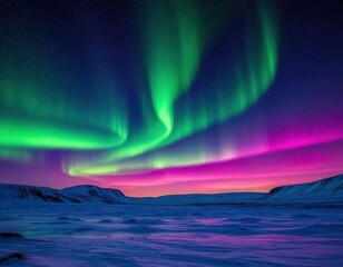 Naklejka premium Northern lights form symmetrical neon wave patterns in a clear polar sky.