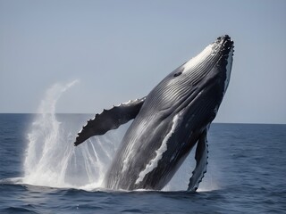 Fototapeta premium Close-up of a powerful humpback whale breaching the ocean surface at sunrise, with splash, water spray, and soft pastel sky in the background, evoking awe and natural grandeur