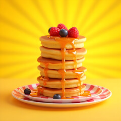 A stack of heart-shaped pancakes drizzled with syrup and topped with fresh berries