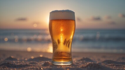 A glass of beer on the beach at sunset, with the ocean and cloudy sky in the background. Refreshing drink and relaxation by the sea.