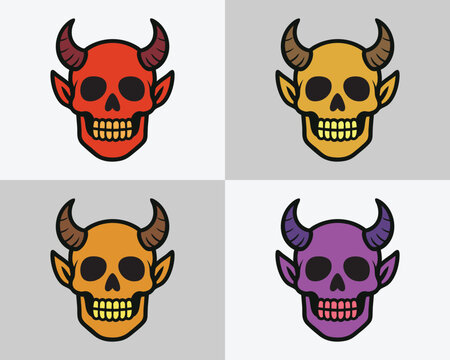 Devil skull illustration 4 colors set devil head