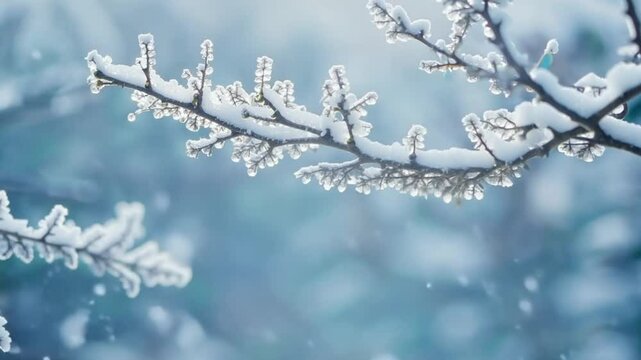 Delicate frost-covered bare tree branches creating intricate winter patterns against soft blurred natural background