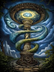 Naklejka premium Fantastical Ancient Device with Swirling Cosmic Energy and Nature Elements
