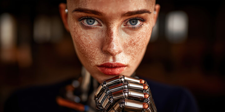 This close-up portrait showcases a female-like robot with realistic skin on her face and head, created by ai