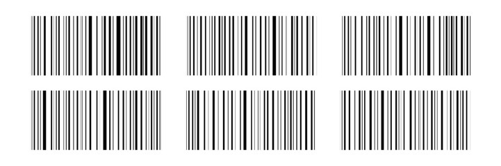 Set of six black barcodes arranged in two rows. Flat design template for retail, packaging, and inventory labeling purposes. Vector illustration