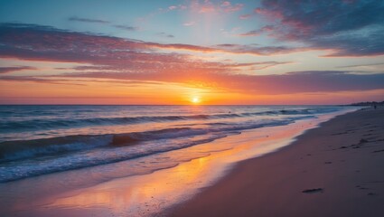 Fototapeta premium Sunset over the ocean with colorful sky and calm waves on a sandy beach. Coastal scene at dusk, tranquil seascape, and natural beauty.