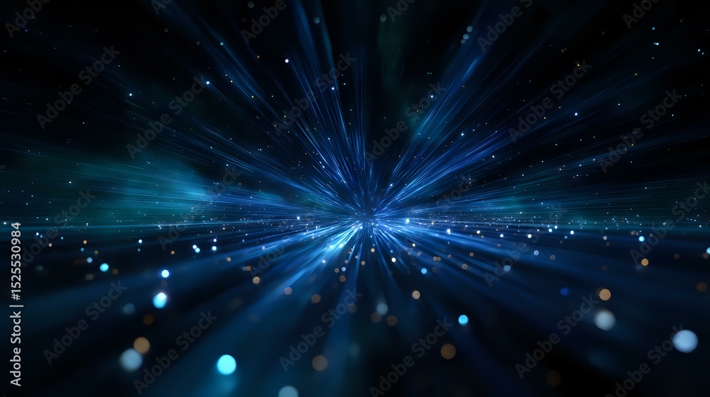 Poster glowing blue light rays bursting from center point with floating particles and bokeh effects against
