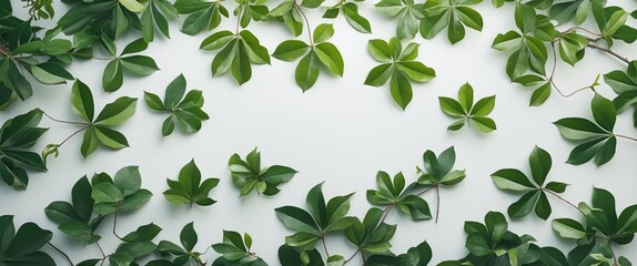 Fototapeta premium Green leafy pattern with vines and leaves spread across a light background. Nature and plant design. Organic growth. Decorative botanical theme.