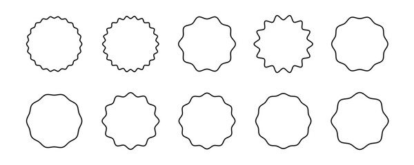Set of ten round wavy frames with black contour. Decorative circular shapes for design and print. Minimalist outline template for creative layout and label elements. Vector illustration