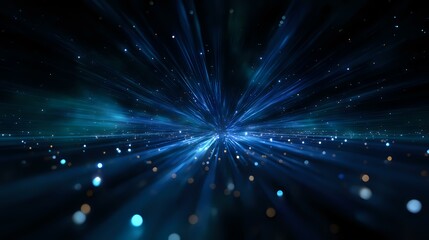 Fototapeta premium Glowing blue light rays bursting from center point with floating particles and bokeh effects against dark background, creating dynamic motion perspective.