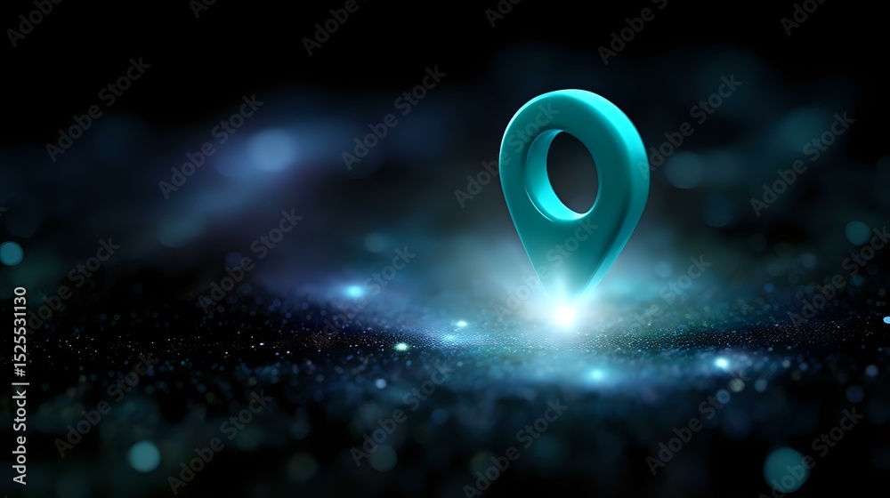 Poster glowing blue location pin marker floating in dark space with bokeh light effects and particles, mode