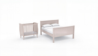 Elegant nursery furniture set with a crib and a bed in soft colors
