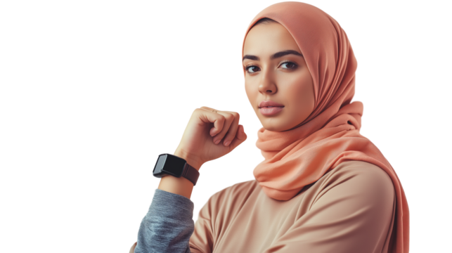 Young woman in hijab and athleisure gear with smartwatch, modern pose