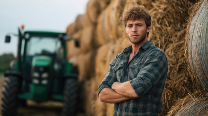 A confident young farmer's portrait standing by hay bales with tractor