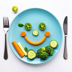 Assiette avec couvert pour enfant  contenant des légumes colorés figurant un visage souriant, isolée sur fond blanc. Structure Reference Image
