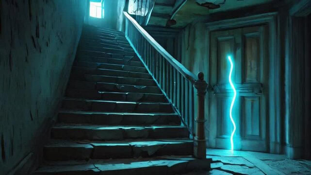 A crumbling, dimly lit stairway with worn, rusty railings and cracked stone steps ascends to a mysterious, worn wooden door with peeling paint and rusty hinges created with generative ai