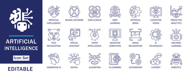 Artificial Intelligence line Icon Set – Editable flat vector icons representing AI, machine learning, neural networks, robotics, automation, and data science. Ideal for web, app, and digital interface