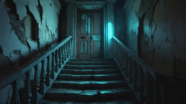 A crumbling, dimly lit stairway with worn, rusty railings and cracked stone steps ascends to a mysterious, worn wooden door with peeling paint and rusty hinges created with generative ai