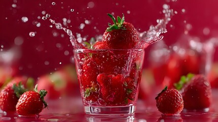 Fresh ripe strawberry splashing into glass with water drops and red berries scattered around on burgundy background with bokeh effect.