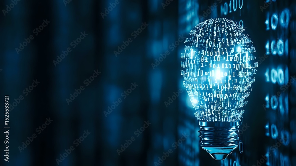 Poster digital light bulb formed by binary code glowing in blue against dark background with data streams, 
