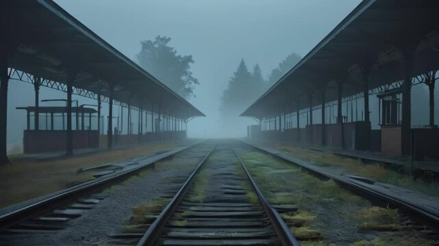 Abandoned train station shrouded in fog at early morning created with generative ai