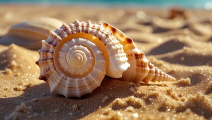 A seashell resting on sandy beach with a spiral pattern and textured surface. Coastal and marine life, nature and beach environment. The beauty of seashells on the shore.