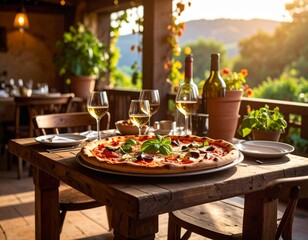 Pizza géante dans un plat déposé sur une table de terrasse ombragée. Generated image
