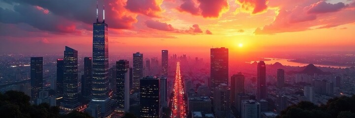Fototapeta premium Stunning panoramic view of a vibrant cityscape at sunset, perfect for compositing and visual effects Ideal for adding depth and realism to digital artwork and film projects , city, towers