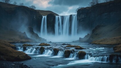 Obraz premium Waterfall in a river with cliffs and cloudy sky. Nature scene. Landscape photography and scenic view. The concept of natural beauty and outdoor adventure.
