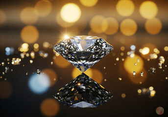 Fototapeta premium Gleaming diamond reflects luxury & purity. Brilliant gemstone on dark surface with warm bokeh backdrop, jewelry, wealth, engagement, and elegance concepts.