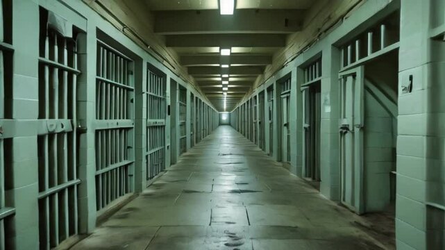 A long, empty corridor in a prison with barred cells and bright light at the end of the passage
 created with generative ai