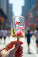 hand holding lollipop with sea life inside