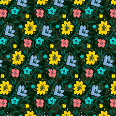 Seamless Hand Drawn Vintage Floral Pattern with Delicate Botanical Illustrations, Retro-Inspired Blooming Flowers, and Ornamental Garden Elements for Textile, Wallpaper, Fabric, and Packaging Design