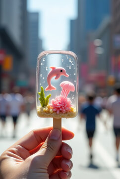 hand holding lollipop with sea life inside