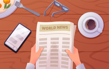 2505.m20.i406.n025.S.c15.Morning news. Top view for businessman hands holding newspaper pages exact vector business concept