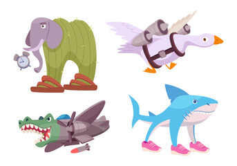 Funny animals. Tralala brain rot pictures custom cute characters italian animals in shoes tools with eyes exact vector conceptual set