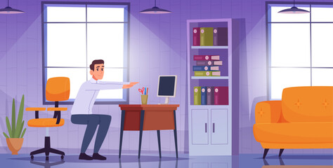 Work stretching. Tired manager stretching arms exact vector cartoon business background