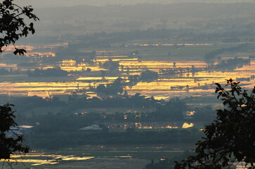 Beautiful view of sunlight reflecting on water in rice fields, rural area of ​​Phayao, northern Thailand.