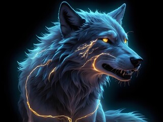 A striking futuristic glowing wolf featuring icy blue fur and fiery orange eyes, enhanced with Kirlian and electrography-style electric aura and bioluminescent energy lines on a dark background
