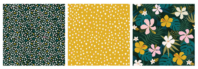 Contemporary floral and polka dot shapes collage seamless pattern set. Modern exotic design for paper, cover, fabric, interior decor and other users. Vector illustration