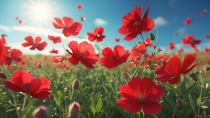Bright red poppies in a field under sunny sky with light lines of communication and connection. Nature and spring, concept. Agriculture and environment. The concept of growth and sustainability