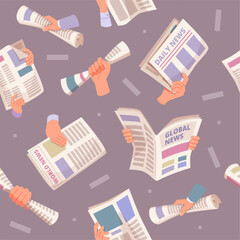 Newspaper pattern. hands holding newspaper pages. vector seamless background