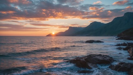Obraz premium Sunset over the ocean with mountains in the background during evening. Coastal scene, nature, calming view.